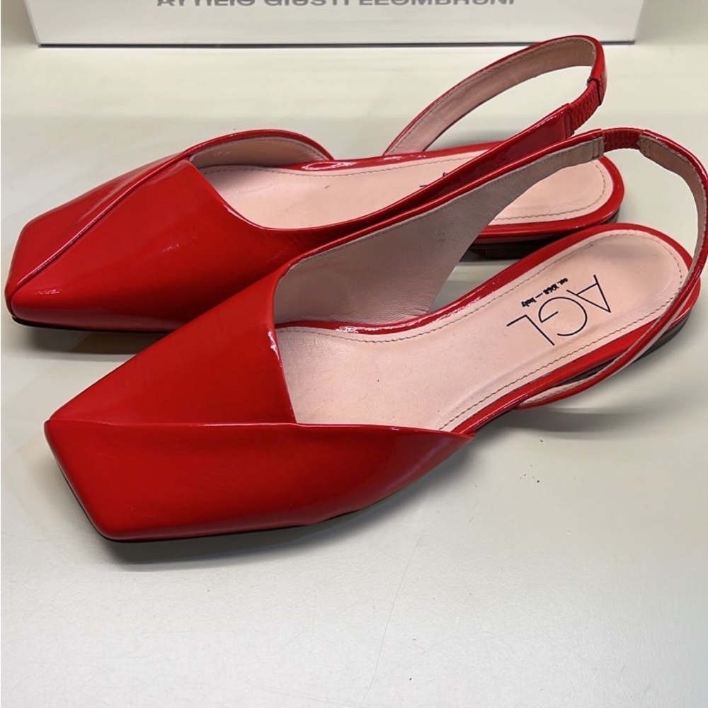 AGL Red Patent Slingback Flats | Italian Designer Square Toe Shoes NWT - Picture 2 of 7